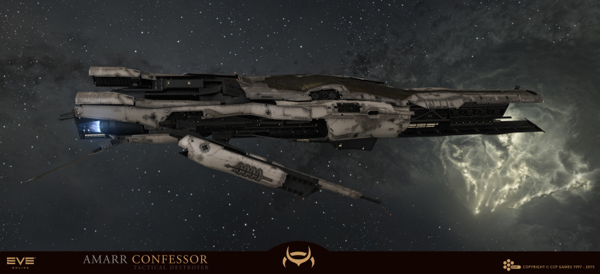 3d, absurdres, advanced_ship_(eve_online), amarr_empire_(eve_online), attack_ship_(eve_online), clouds, commentary, company_logo