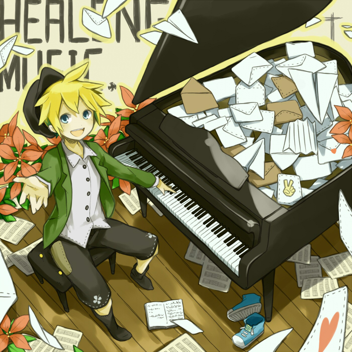 blonde_hair, blue_eyes, corekadoya, from_above, hat, instrument, kadokoa, kagamine_len