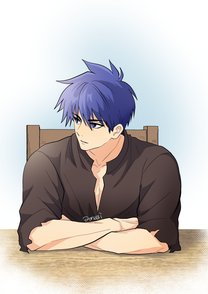 1boy, alternate_costume, aonagimay, black_shirt, blue_eyes, blue_hair, closed_mouth, crossed_arms, fire_emblem, fire_emblem:_radiant_dawn, highres, ike_(fire_emblem), looking_to_the_side, male_focus, shirt, short_hair, solo