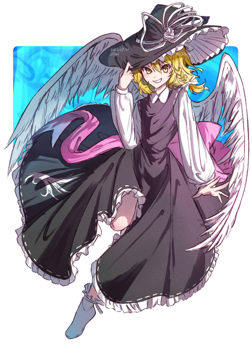 1girl, black_dress, black_hat, blonde_hair, bow, braid, collared_shirt, commentary_request