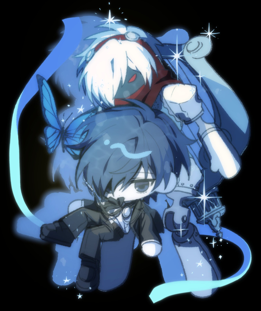 1boy, bear_do, black_jacket, black_pants, black_shoes, blue_background, blue_butterfly, blue_eyes