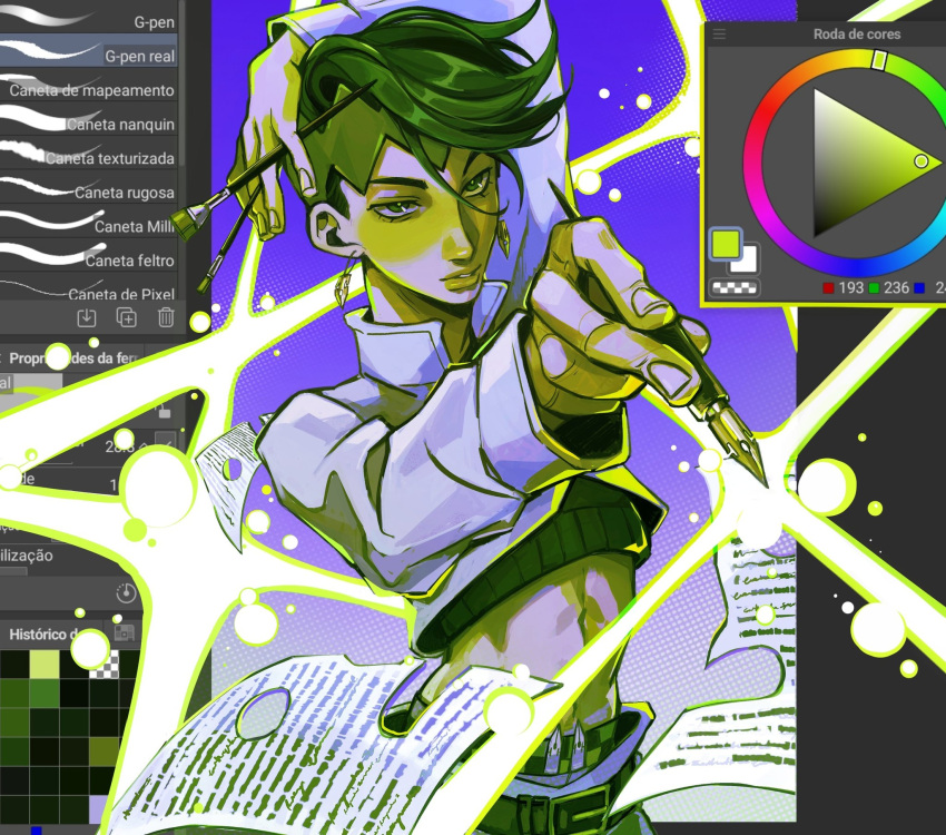 1boy, arm_up, belt_buckle, buckle, closed_mouth, commentary, crop_top, cropped_jacket