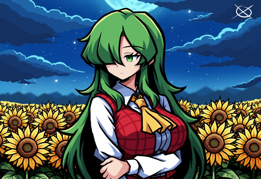 1girl, absurdres, arianne20131, ascot, breasts, closed_mouth, commentary, english_commentary, field, flower, flower_field, full_moon, green_eyes, green_hair, hair_over_one_eye, highres, holding_own_arm, kazami_yuuka, kazami_yuuka_(pc-98), large_breasts, long_sleeves, looking_at_viewer, looking_to_the_side, moon, night, solo, star_(sky), sunflower, touhou, touhou_(pc-98), upper_body, yellow_ascot
