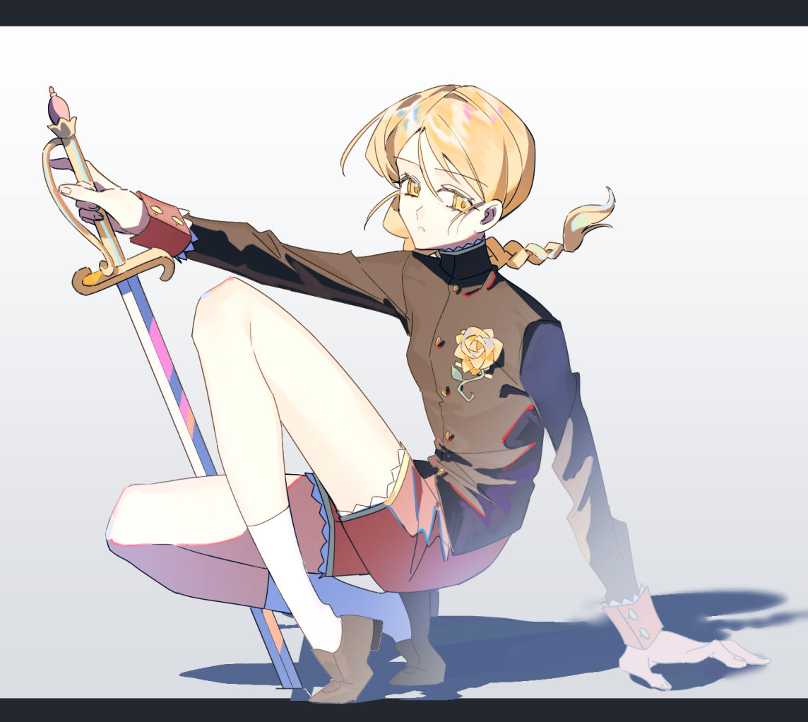 1girl, black_jacket, blonde_hair, braid, breasts, brown_shoes, chi.:_chikyuu_no_undou_ni_tsuite, flower