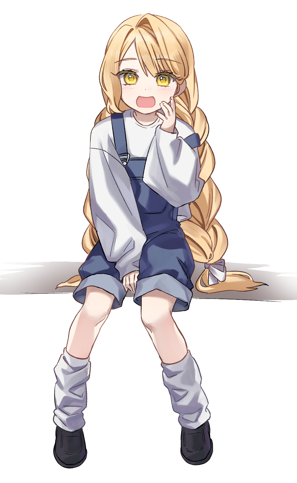 1girl, :d, \||/, arm_between_legs, black_shoes, blonde_hair, blue_overalls, bow