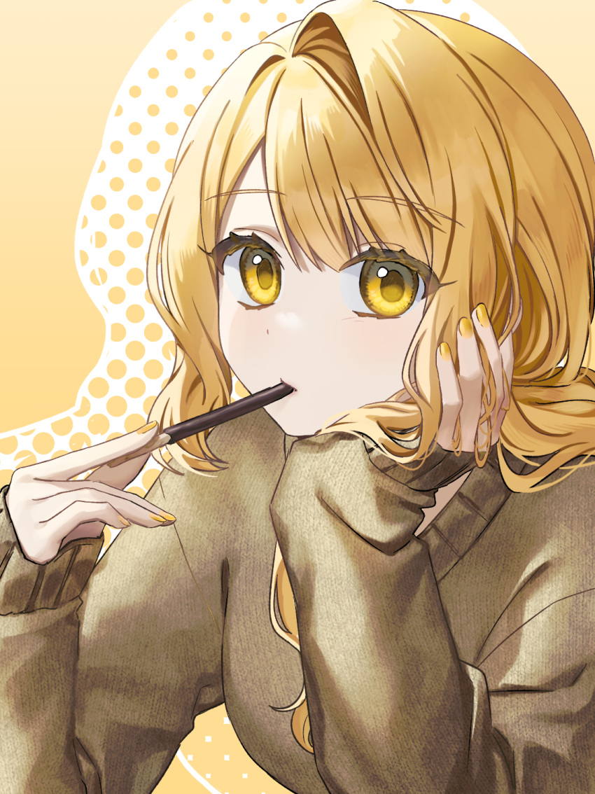 1girl, blonde_hair, brown_sweater, commentary_request, eating, food, food_in_mouth, hair_between_eyes