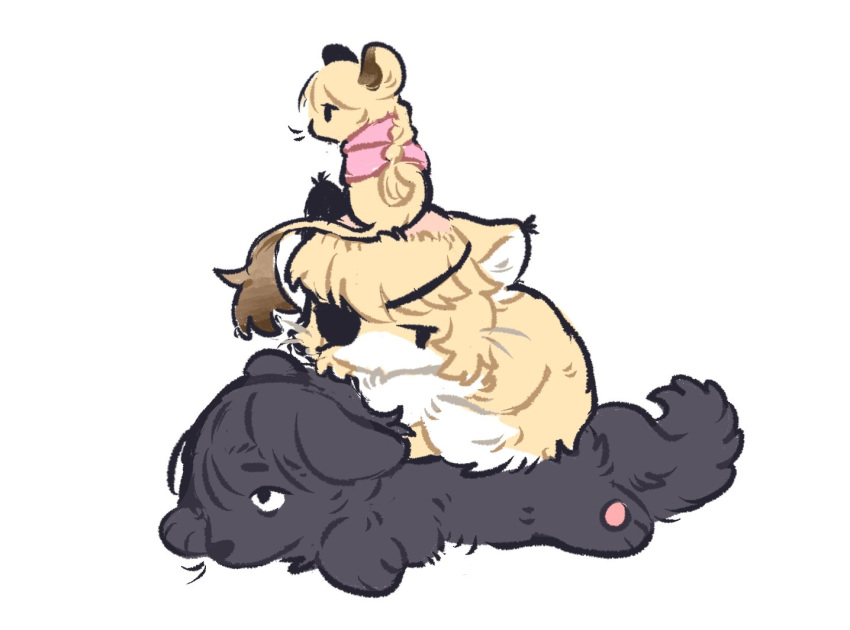 1girl, 2boys, animalization, badeni, braid, capelet, cat, chi.:_chikyuu_no_undou_ni_tsuite