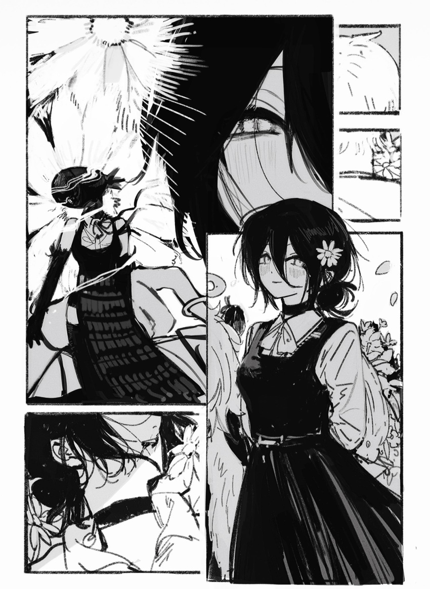 1girl, apron, arms_behind_back, black_apron, black_choker, black_dress, black_gloves, black_hair, black_thighhighs, blood, blood_from_mouth, blush, bomb_devil_(chainsaw_man), bouquet, breasts, chainsaw_man, choker, collared_shirt, cowboy_shot, dress, dual_persona, elbow_gloves, falling_petals, flower, gloves, grenade_pin, greyscale, hair_between_eyes, hair_bun, hair_flower, hair_ornament, highres, holding, holding_bouquet, looking_at_viewer, medium_breasts, medium_hair, mizu1202001, monochrome, neck_ribbon, parted_lips, petals, reze_(chainsaw_man), ribbon, shirt, shirt_under_dress, smile, thigh-highs, white_ribbon, white_shirt