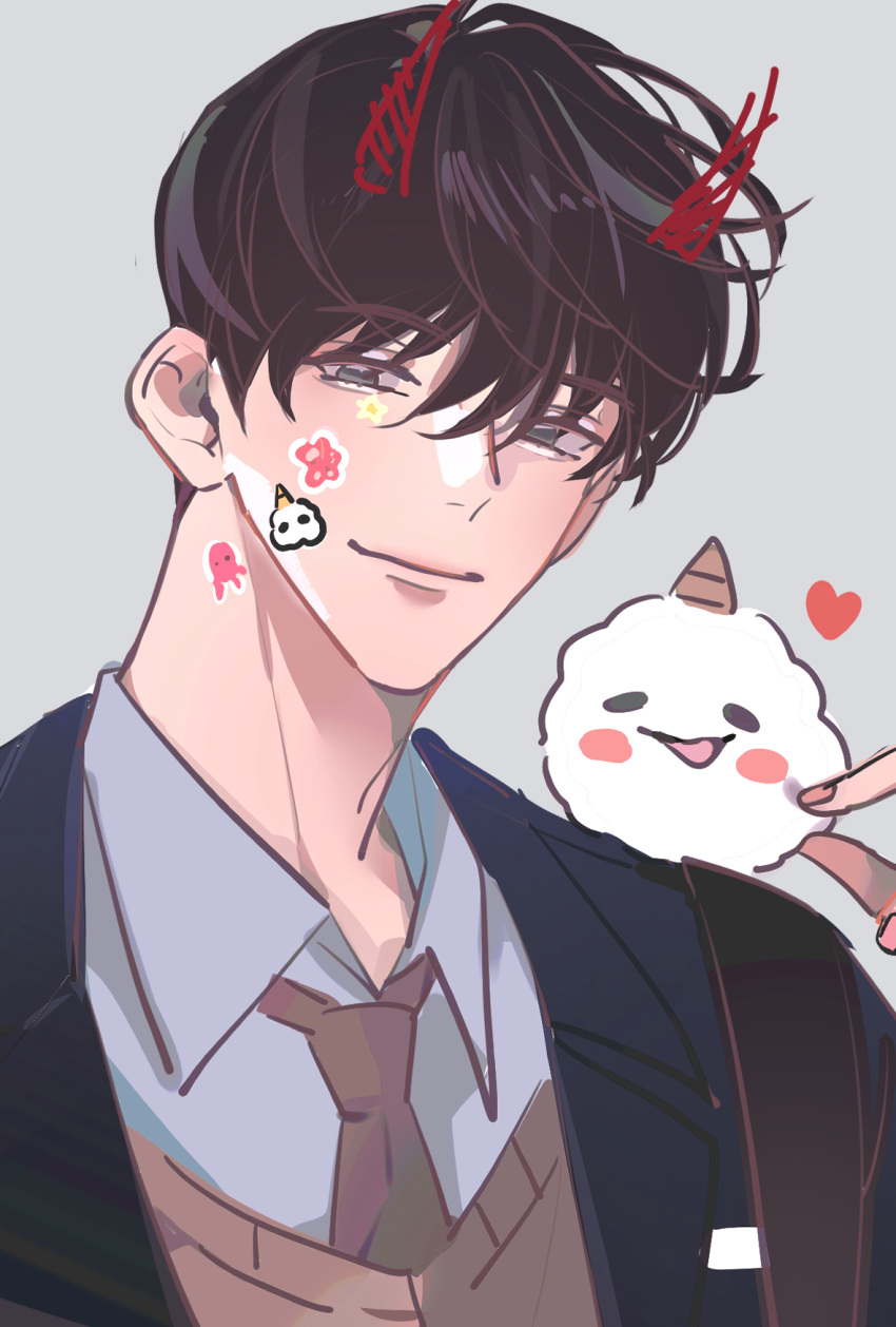 1boy, animal_sticker, annasire, biyoo_(omniscient_reader's_viewpoint), black_eyes, black_hair, blue_coat, blue_shirt