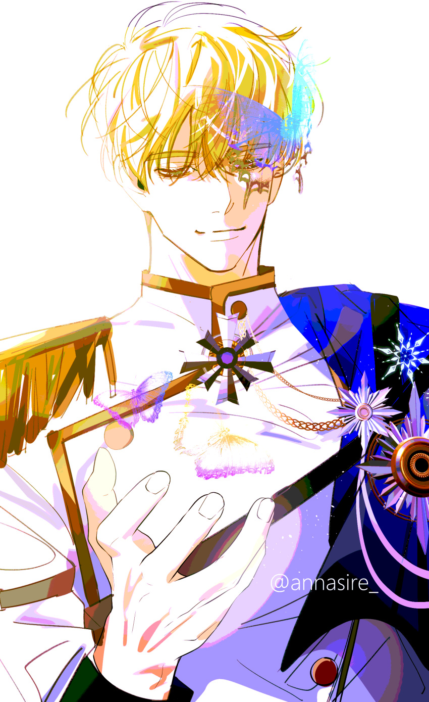 1boy, absurdres, annasire, blonde_hair, borrowed_clothes, brooch, chain, closed_eyes