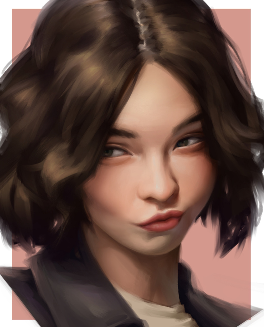 1girl, art_study, border, brown_eyes, brown_hair, character_request, closed_mouth, collared_jacket