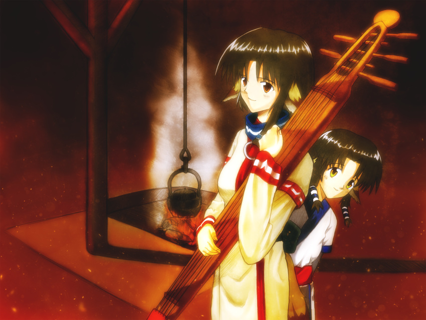 ainu_clothes, aquaplus, aruruu, black_hair, brown_hair, eruruu, fantasy, fox_ears
