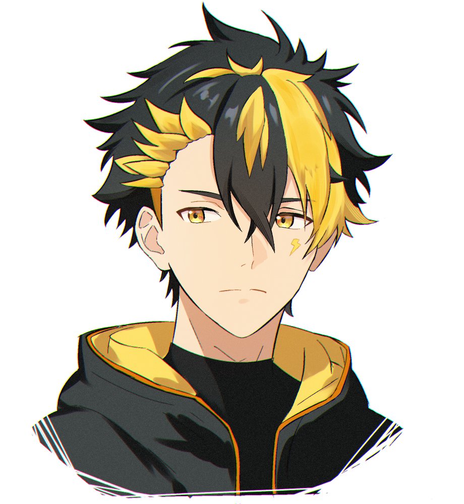 1boy, a_ohkami, asymmetrical_bangs, black_hair, blonde_hair, character_request, closed_mouth, copyright_request, cropped_shoulders, hair_between_eyes, hashtag-only_commentary, looking_to_the_side, male_focus, multicolored_hair, short_hair, simple_background, solo, two-tone_hair, white_background, yellow_eyes