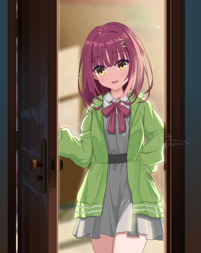 1girl, :d, backlighting, belt, black_belt, blunt_bangs, blush, bow