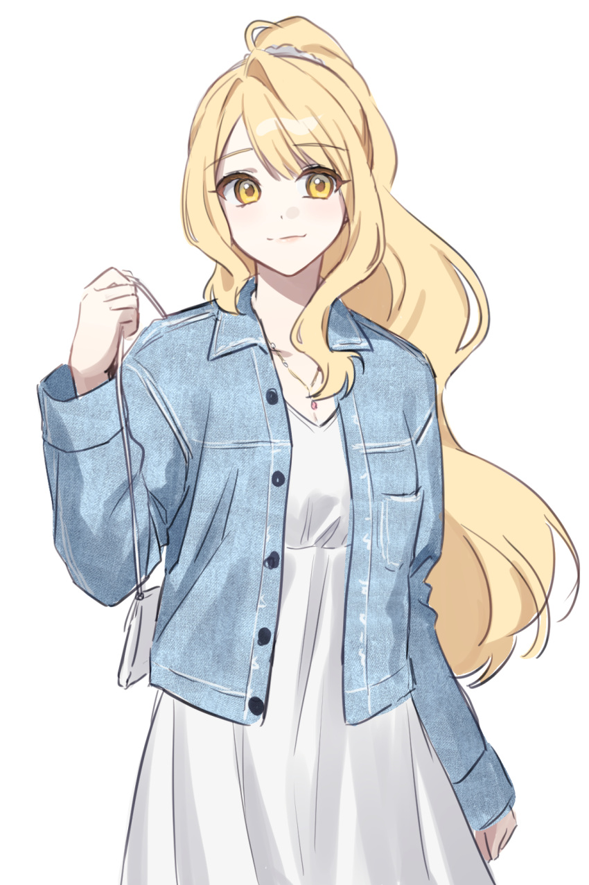 1girl, arm_at_side, asymmetrical_sidelocks, bag, blonde_hair, breasts, buttons, closed_mouth