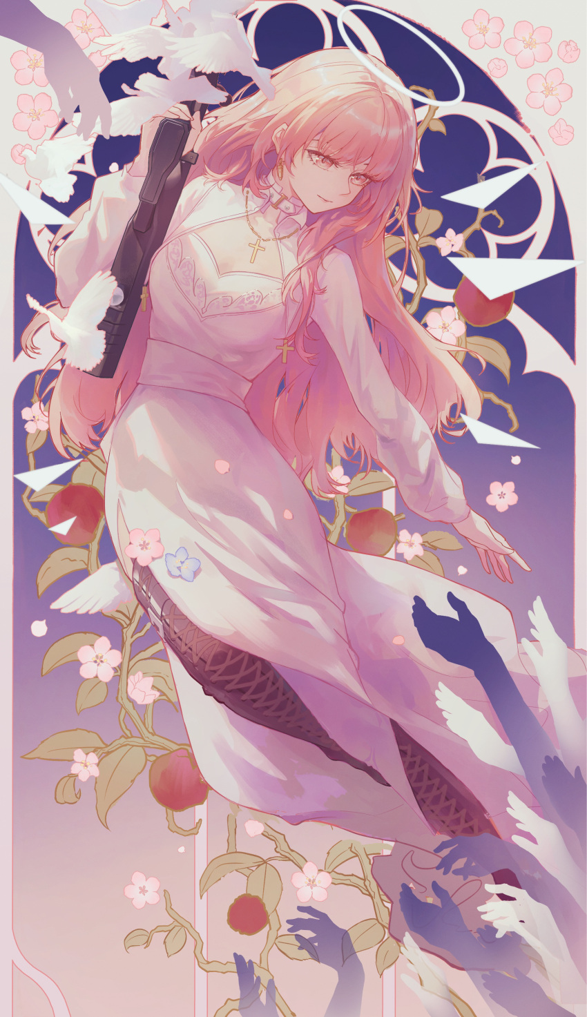 1girl, absurdres, alternate_costume, arknights, bird, closed_mouth, cross, cross_necklace