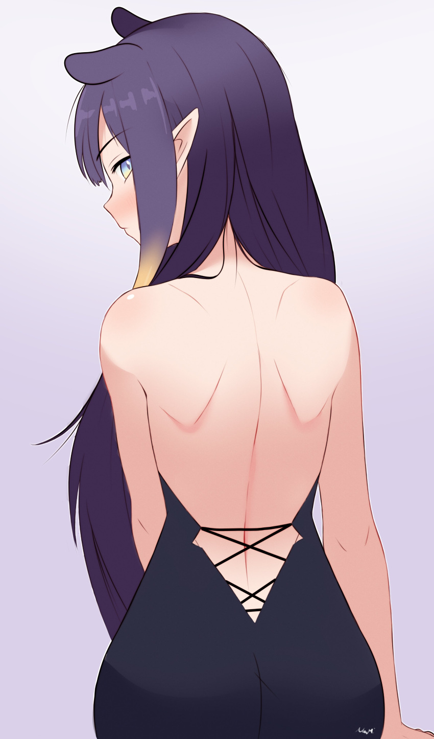 1girl, 2024, absurdres, anb_(anb_draws), animal_ears, backless_dress, backless_outfit, bare_shoulders, dress, highres, hololive, long_hair, looking_at_viewer, looking_back, ninomae_ina'nis, pointy_ears, purple_hair, sketch, white_background