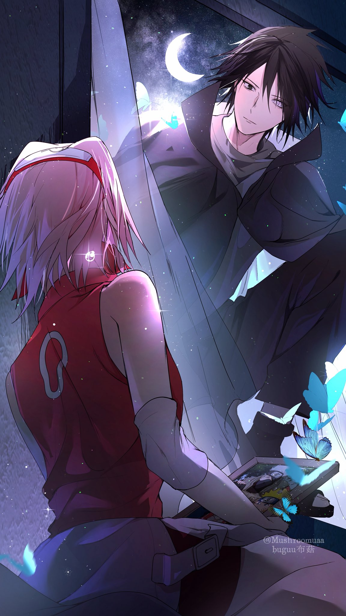 1boy, 1girl, bare_shoulders, bike_shorts, black_cloak, black_hair, black_pants, black_shoes