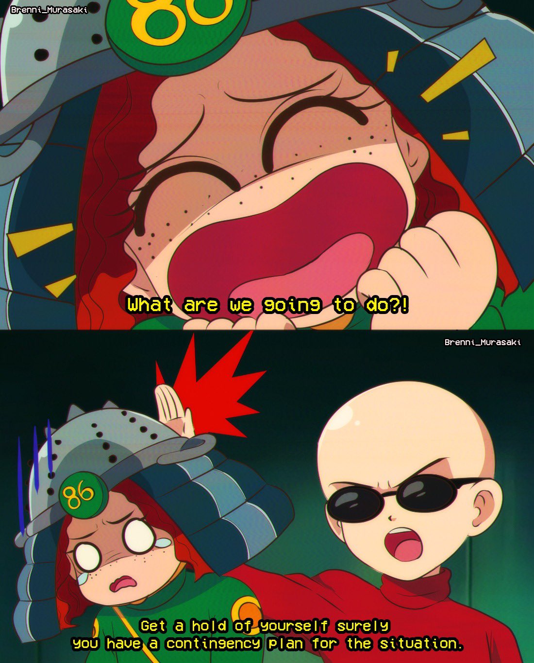 1990s_(style), 1boy, 1girl, bald, blonde_hair, brenni_murasaki, clip_studio_paint_(medium), codename:_kids_next_door, english_text, freckles, goggles_on_eyes, highres, looking_at_viewer, numbuh_1, numbuh_86, open_mouth, red_hair, retro_artstyle, scene_reference, shirt, sunglasses, upper_body, wavy_hair