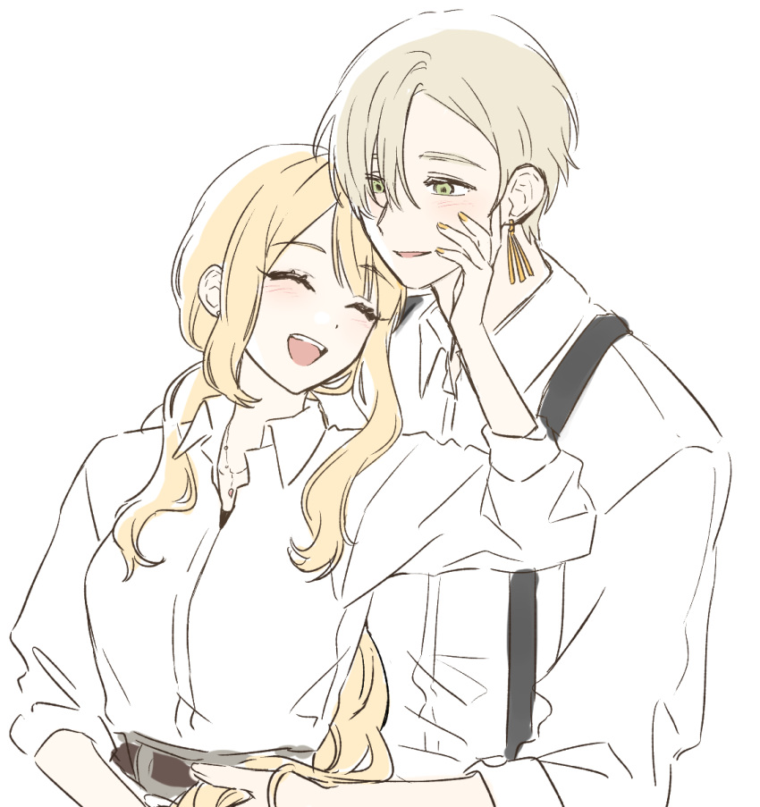 1boy, 1girl, :d, ^_^, arm_up, asymmetrical_sidelocks, behind_another, blonde_hair