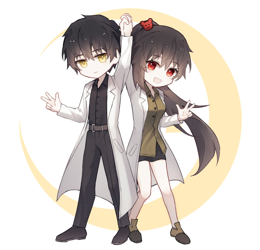 1boy, 1girl, :d, arm_up, asymmetrical_sidelocks, ayin_(project_moon), bear_hair_ornament, belt
