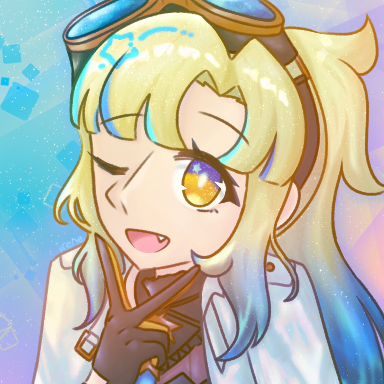 1girl, ;), arcaea, black_gloves, blonde_hair, blue_background, blue_eyes, blue_hair