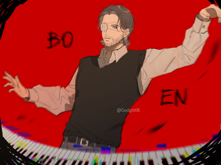 1boy, alternate_sleeve_length, arm_up, beard, belt, black_belt, black_sweater_vest, blurry, bo_en, bright_pupils, brown_hair, brown_pants, buttons, calum_bowen, closed_mouth, collared_shirt, commentary, copyright_name, cosplay, depth_of_field, eyepatch, facial_hair, glitch, godgift06, grey_eyes, hair_behind_ear, halftone, highres, instrument, long_sleeves, looking_at_viewer, male_focus, medical_eyepatch, omori, one_eye_covered, pants, piano, puffy_long_sleeves, puffy_sleeves, real_life, red_background, shirt, short_hair, simple_background, solo, sunny_(omori), sunny_(omori)_(cosplay), sweater_vest, twitter_username, upper_body, white_pupils, white_shirt