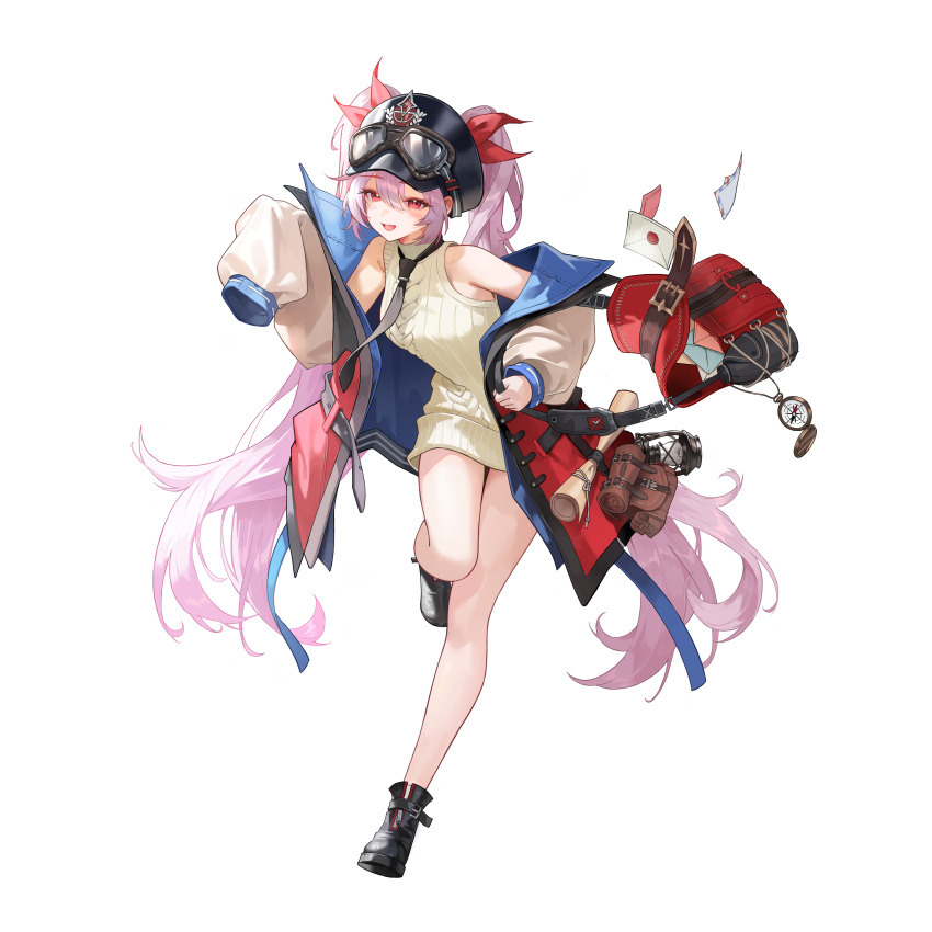 1girl, absurdres, ankle_boots, black_boots, black_hat, black_necktie, blue_jacket, boots, brown_dress, cable_knit, commentary, compass, cyanillust, dress, english_commentary, envelope, full_body, goggles, goggles_on_headwear, hair_between_eyes, hair_ribbon, hat, highres, jacket, lantern, letterman_jacket, long_hair, long_sleeves, looking_at_viewer, mailbag, mailman, necktie, off_shoulder, open_clothes, open_jacket, open_mouth, original, pink_hair, pouch, puffy_long_sleeves, puffy_sleeves, red_eyes, red_ribbon, ribbon, scroll, simple_background, sleeveless, sleeveless_dress, sleeves_past_fingers, sleeves_past_wrists, smile, solo, standing, standing_on_one_leg, sweater, sweater_dress, twintails, very_long_hair, white_background, white_sleeves