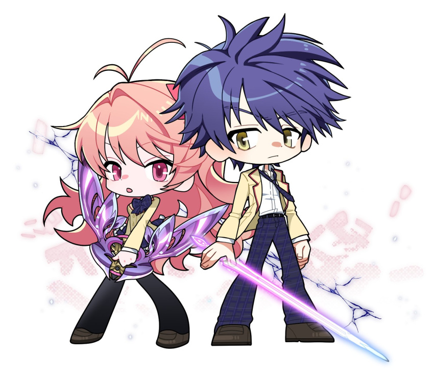 1boy, 1girl, antenna_hair, belt, black_belt, black_thighhighs, blazer, blue_hair