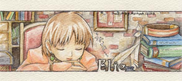 1girl, 2002, aira129, atelier_(series), atelier_elie, book, book_stack, bookshelf, brown_hair, character_name, closed_eyes, closed_mouth, commentary_request, earrings, elfir_traum, indoors, jewelry, lips, pink_shirt, shirt, short_hair, solo, upper_body