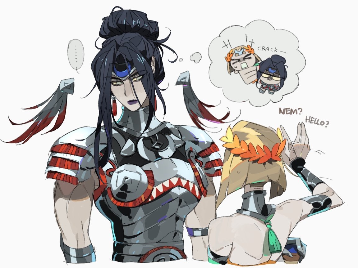 2girls, armor, bilidongdong, black_hair, blonde_hair, breasts, earrings, green_lips