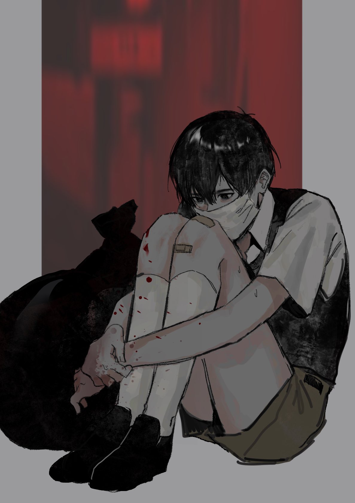 1boy, antenna_hair, bandaid, bandaid_on_knee, bandaid_on_leg, black_bag, black_eyes, black_hair