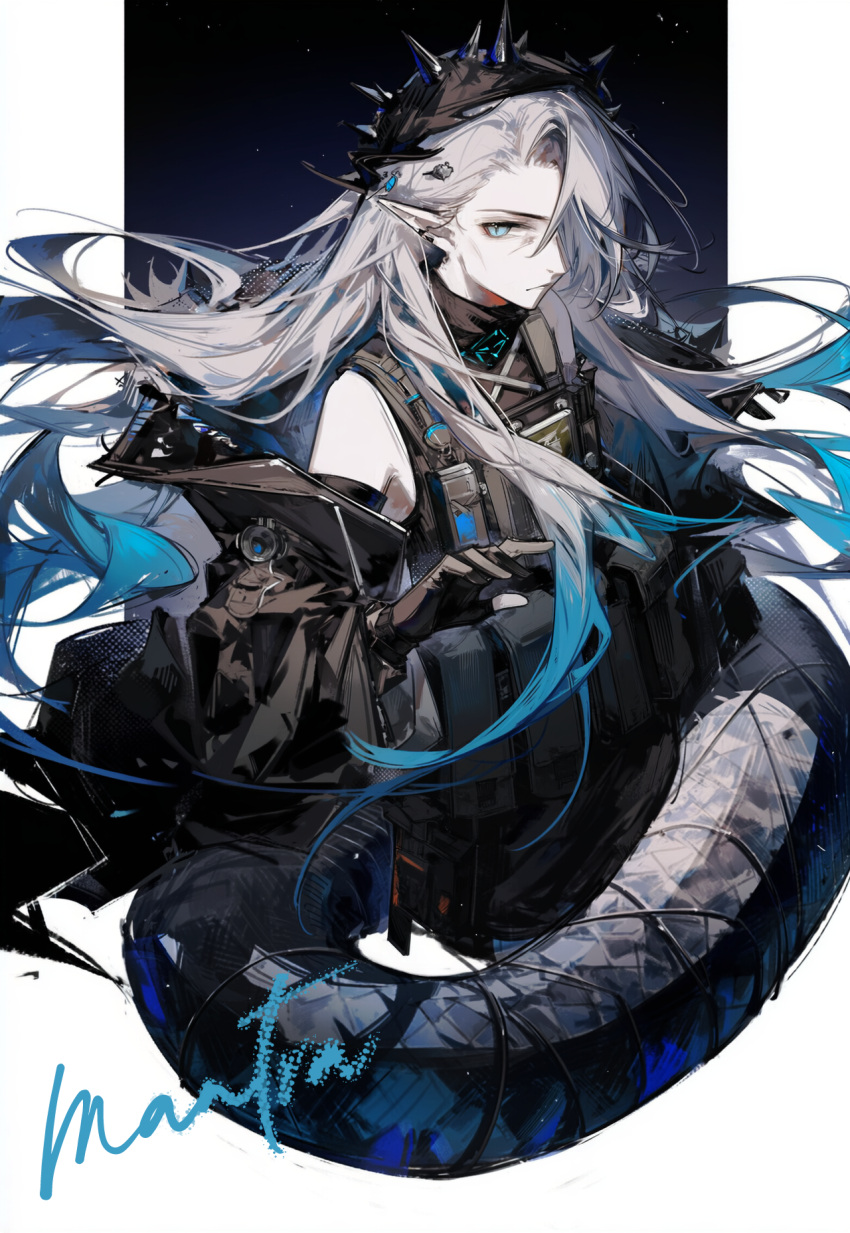 1girl, aqua_hair, arknights, gradient_hair, grey_hair, highres, long_hair, mantra_(arknights)
