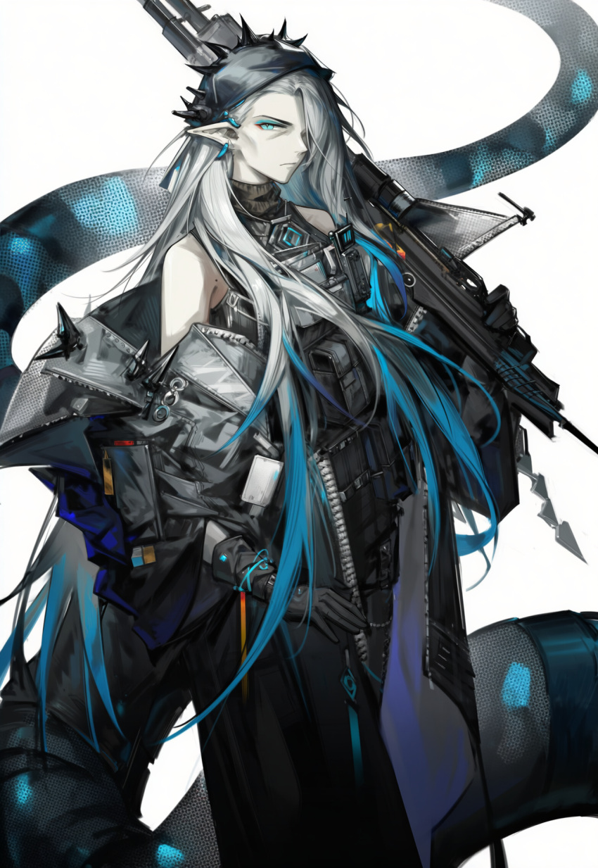1girl, aqua_hair, arknights, gradient_hair, grey_hair, highres, long_hair, mantra_(arknights)