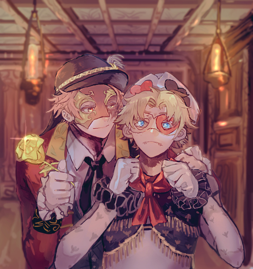 2boys, black_ribbon, blonde_hair, blue_eyes, brown_hair, eye_mask, frown, gayatsu, gloves, gold_trim, golden_rose, highres, identity_v, jacket, looking_at_another, looking_at_viewer, male_focus, mask, mike_morton, mike_morton_(sparrow), multiple_boys, neckerchief, norton_campbell, norton_campbell_(ronald_of_nice), official_alternate_costume, red_jacket, red_neckerchief, ribbon, shirt, smile, stitched_mouth, stitches, white_gloves, white_shirt, yellow_eyes