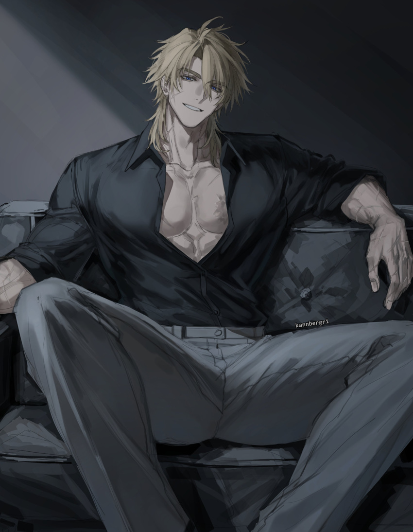 1boy, absurdres, black_shirt, blue_eyes, genshin_impact, grey_pants, grin, half-closed_eyes