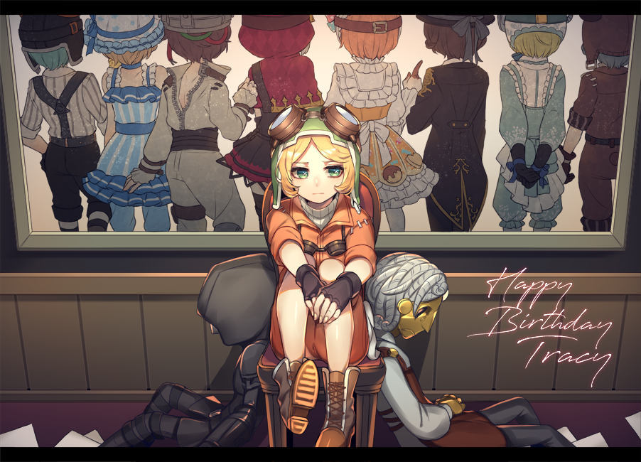 1girl, aviator_cap, aviator_goggles, black_gloves, blonde_hair, character_name, facing_away, facing_viewer