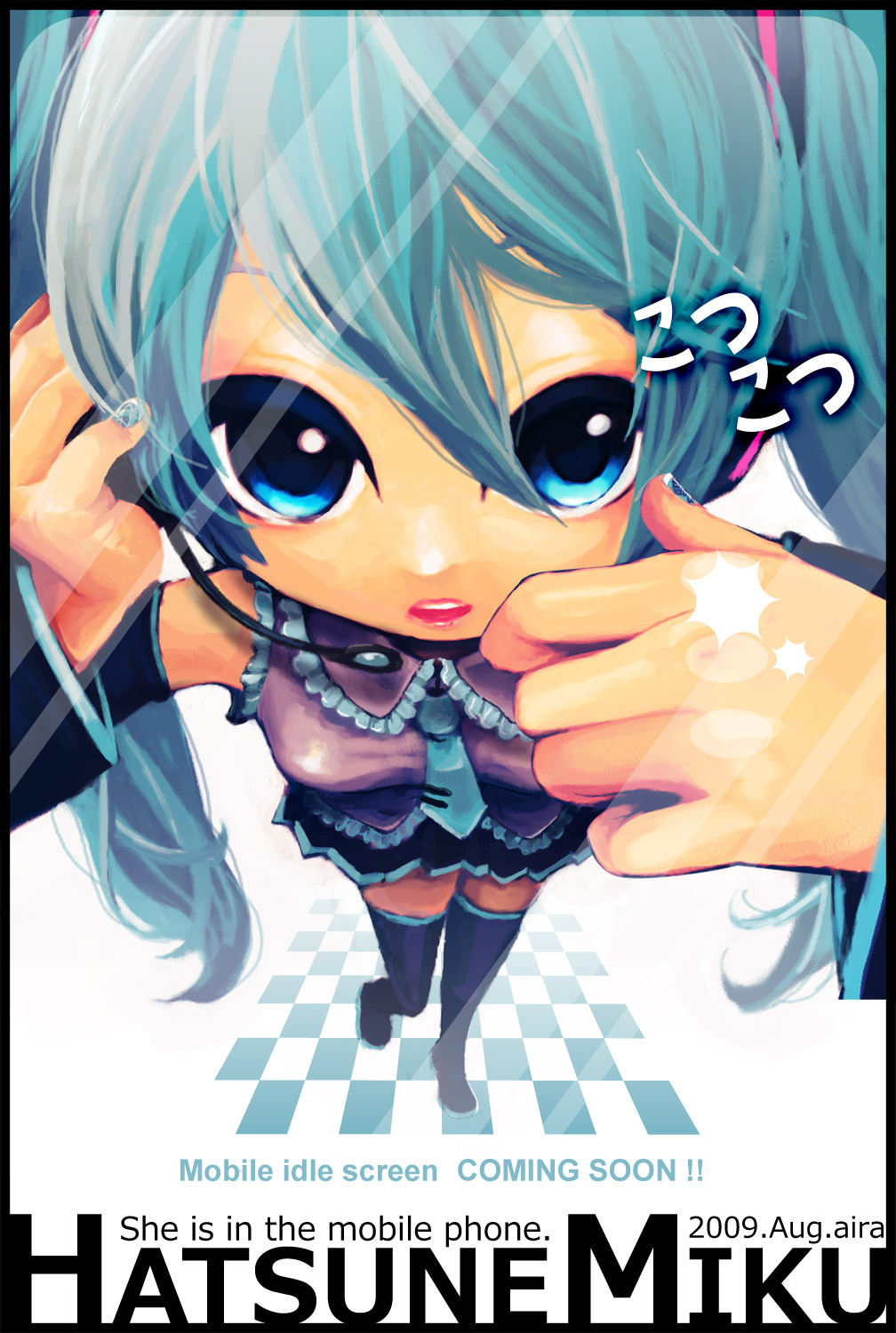 1girl, 2009, aira129, black_boots, black_skirt, black_sleeves, blue_eyes, blue_hair