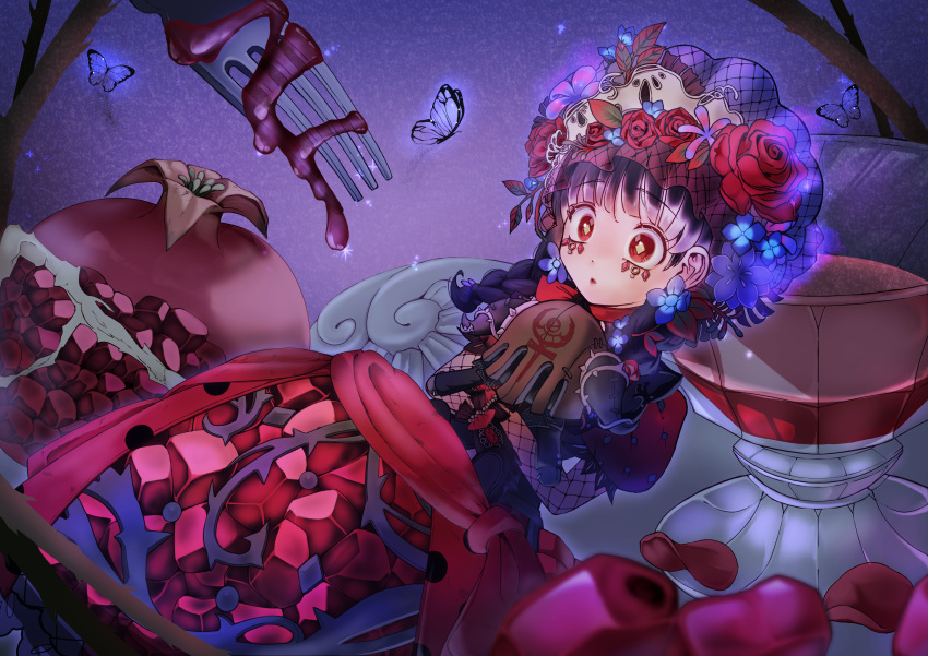 1girl, absurdres, black_gloves, black_hair, blue_flower, braid, bug, butterfly, diamond-shaped_pupils, diamond_(shape), dress, fishnet_sleeves, fishnets, flower, food, fork, fruit, glass, gloves, headdress, highres, holding, holding_stuffed_toy, identity_v, looking_ahead, memory_(identity_v), memory_(miss_pomegranate_plate)_(identity_v), petals, pomegranate, puffy_sleeves, purple_butterfly, raised_eyebrows, red_dress, red_flower, red_lips, red_rose, rose, rose_petals, sb_(naaaaap22222), stuffed_toy, symbol-shaped_pupils, twin_braids