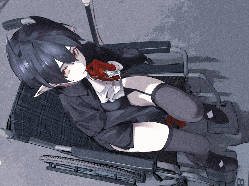 1girl, absurdres, arknights, ascot, black_dress, black_hair, black_thighhighs, closed_mouth