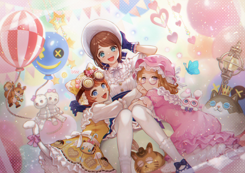 3girls, :3, :d, animal_ear_hairband, animal_ears, balloon, blue_bow, blue_butterfly
