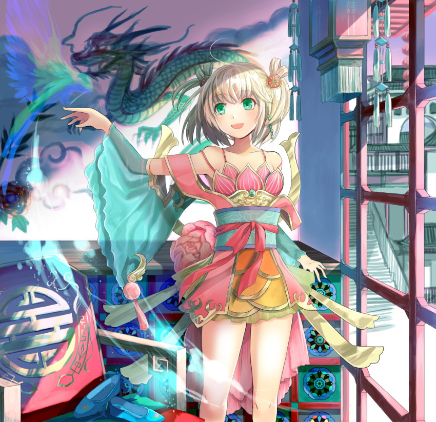 bird, blonde_hair, detached_sleeves, dragon, flower, green_eyes, hair_ornament, hayama_eishi