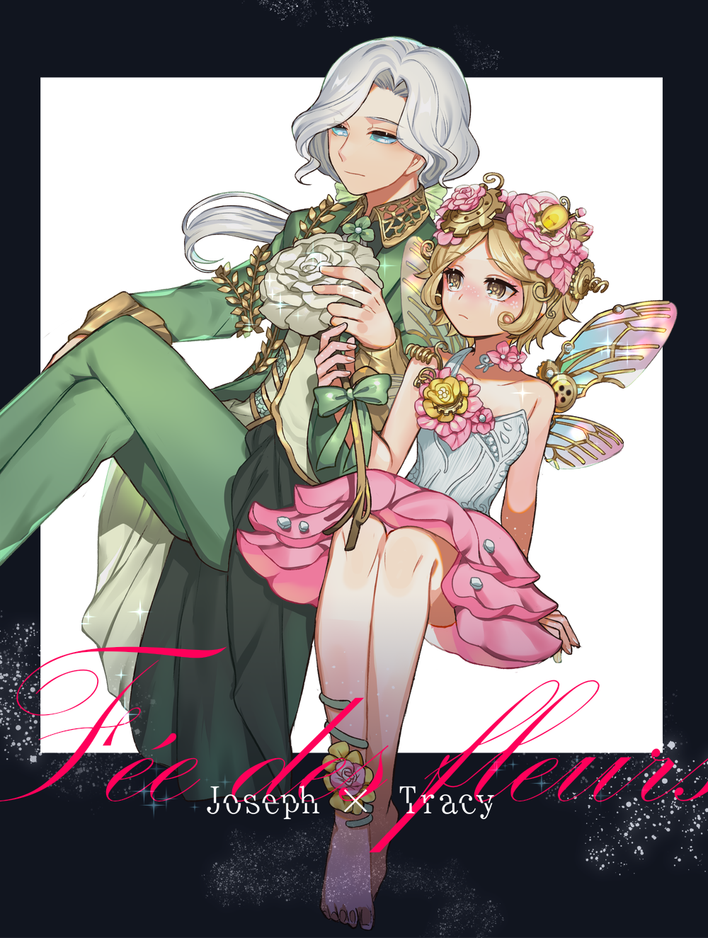 1boy, 1girl, barefoot, blue_sclera, bow, character_name, collarbone, colored_sclera