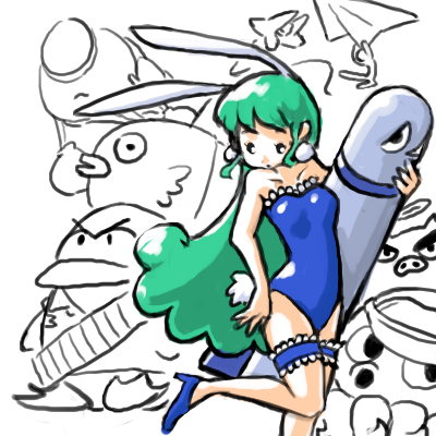 1girl, 2007, 6+others, :o, animal_ears, bird, blue_leotard, breasts