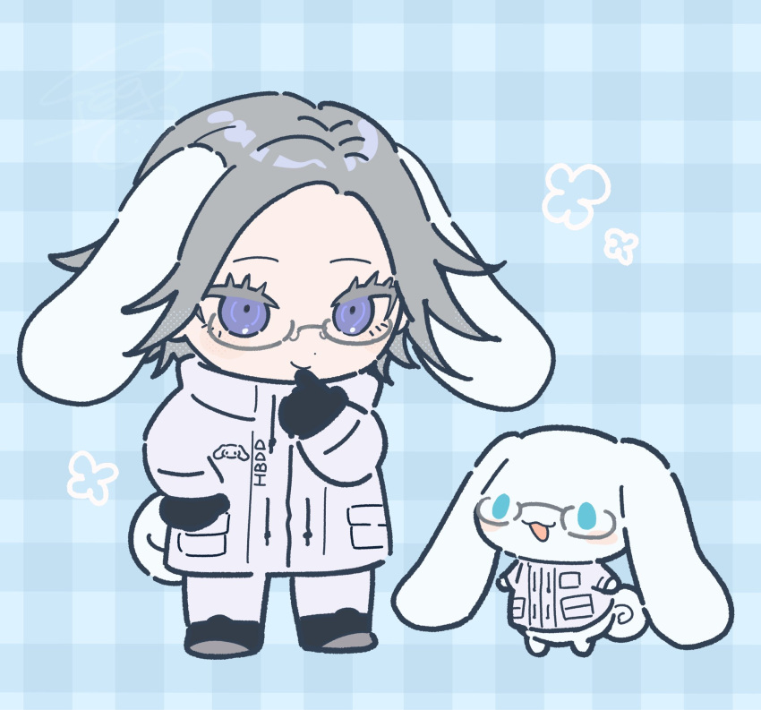 1boy, animal_ears, aotsuki_eito, aotsuki_eito_(cosplay), blue_background, blue_eyes, borrowed_clothes, character_print, chibi, chibi_only, cinnamoroll, commentary, cosplay, crossover, dog_boy, dog_ears, dog_tail, extra_ears, fuwa_fuwa_cinnamoroll, glasses, gloves, grey_hair, highres, jacket, looking_at_viewer, male_focus, pocket, sanrio, short_hair, sieg_gs, smile, solid_oval_eyes, tail, the_hundred_line_-last_defense_academy-, violet_eyes, white_jacket