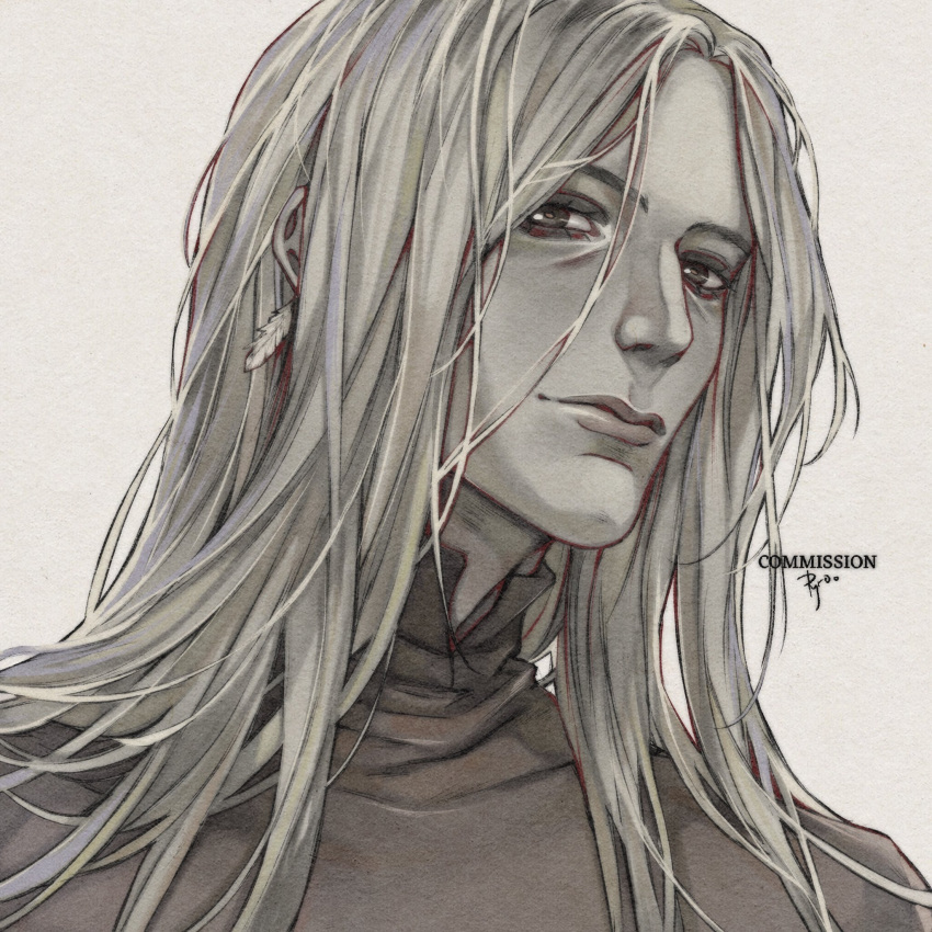 1boy, blonde_hair, brown_eyes, brown_robe, closed_mouth, commentary, commission, earrings, fear_&amp;_hunger_(series), fear_&amp;_hunger_1, feather_earrings, feathers, highres, jewelry, lips, long_hair, looking_at_viewer, male_focus, nosramus_(fear_&amp;_hunger), portrait, pyro_cri, robe, signature, solo