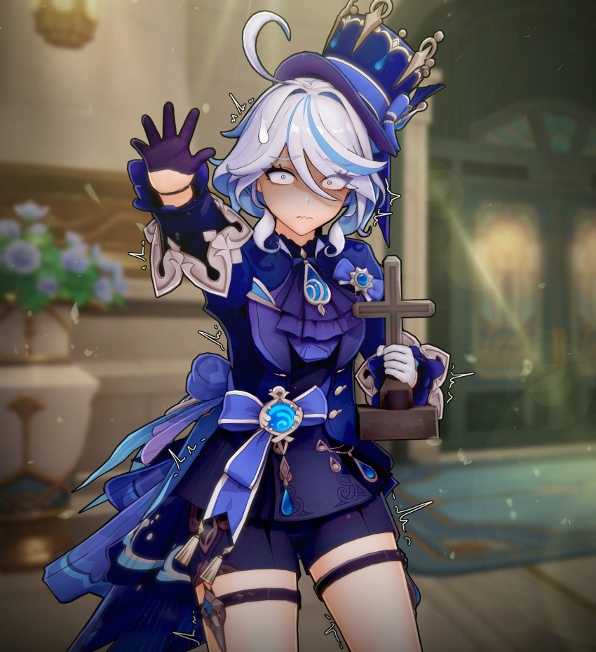 1girl, actualekusu, asymmetrical_gloves, blue_eyes, blue_gemstone, blue_hat, blue_jacket, blue_streaks