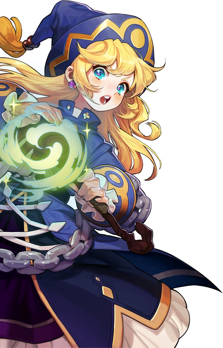 1girl, aqua_eyes, artist_request, asgard, belt, black_belt, blonde_hair, blue_coat, blue_dress, blue_hat, blue_sleeves, blush, chained_wrists, cleric_(asgard), coat, collared_coat, cross-laced_coat, diamond_(shape), double-parted_bangs, dress, fantasy, fingernails, hair_between_eyes, hat, high_collar, highres, holding, holding_staff, lips, long_hair, looking_at_viewer, magic, nexon, official_art, petticoat, plus_sign, purple_pupils, purple_skirt, second-party_source, silver_chain, skirt, skull_belt, sleeve_cuffs, solo, staff, straight_hair, tassel, teeth, tongue, transparent_background, v-shaped_eyebrows