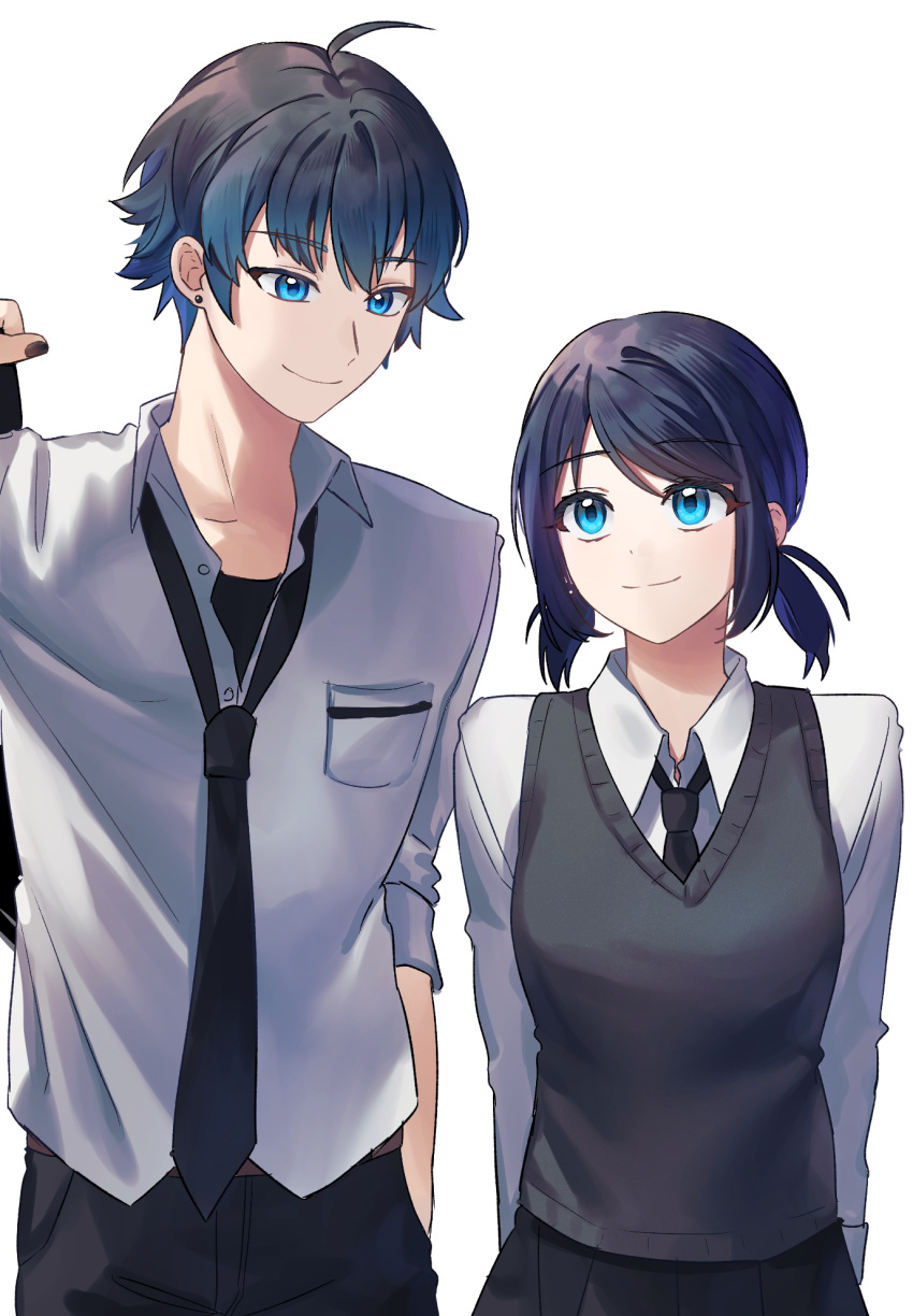 1boy, 1girl, ahoge, arms_behind_back, backlighting, belt, black_hair, black_nails
