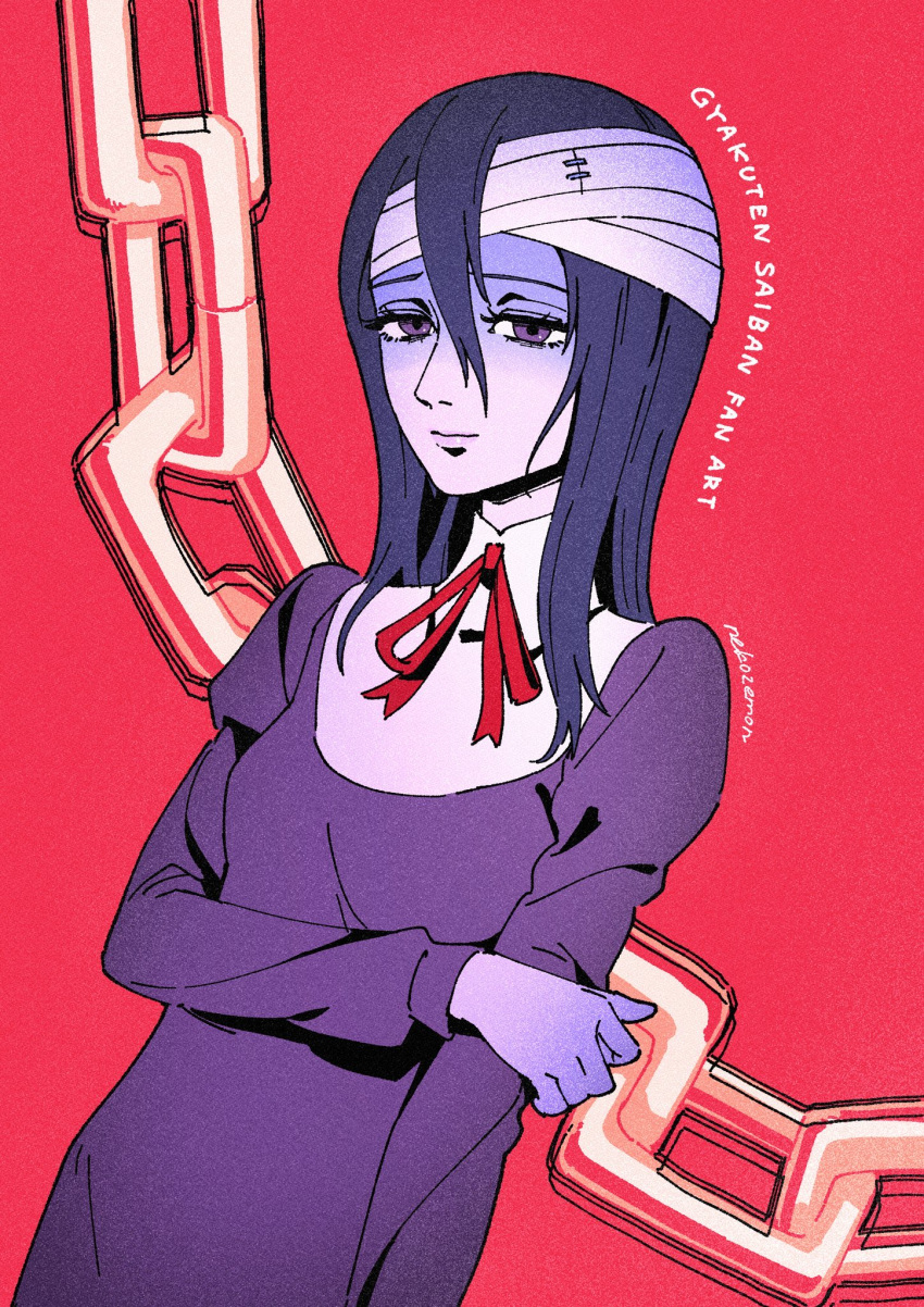 1girl, ace_attorney, artist_name, bandaged_head, bandages, black_dress, black_eyes, black_hair